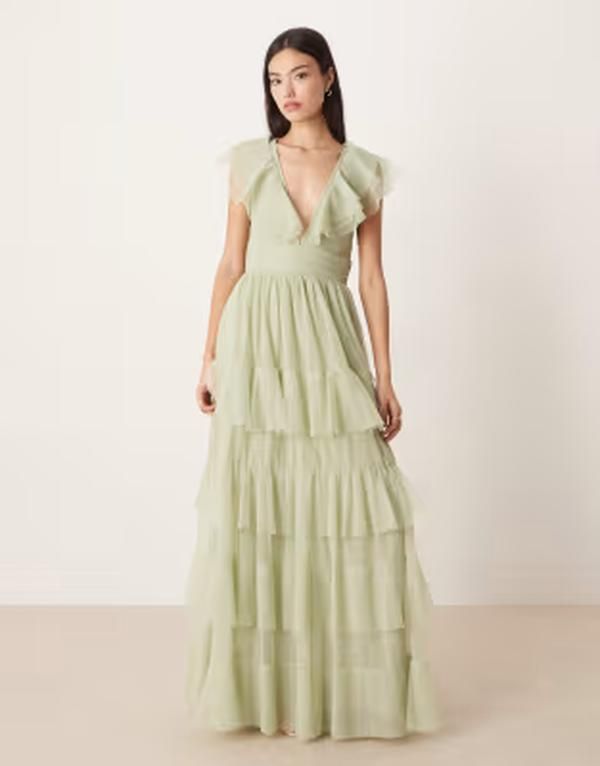 レース アンド ビーズ レディース トップス ワンピース チュール ティアード マキシ Lace Beads tulle flutter sleeve tiered frill maxi dress in sage Green グリーン