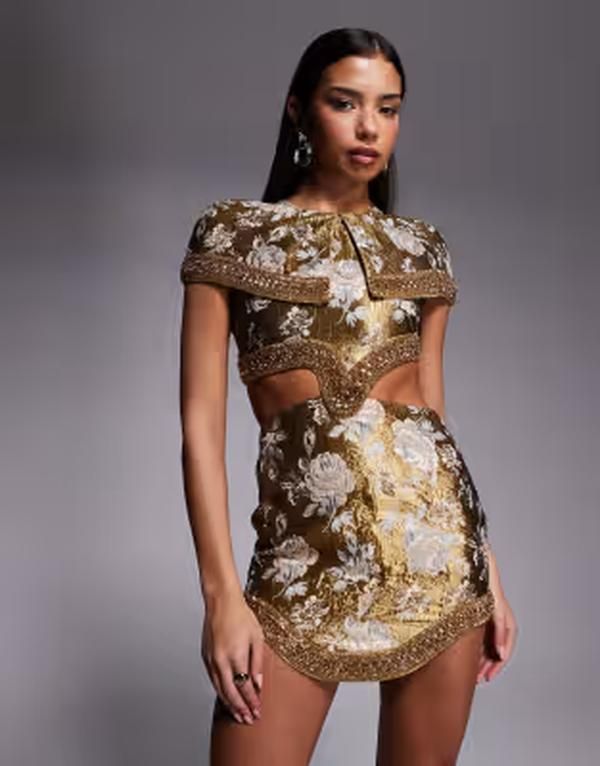 エイソス レディース トップス ワンピース ケープデザイン ミニ キャップ ケープ ASOS DESIGN cape detail jacquard mini dress with shaped hem GOLD ゴールド