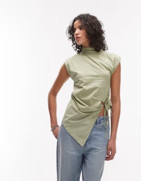 エイソス レディース トップス Tシャツ スタンドネック ノースリーブ ASOS DESIGN funnel neck sleeveless with wrap detail top in dusty green グリーン