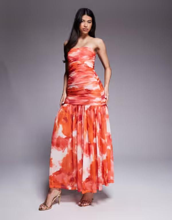 バードット レディース トップス ワンピース プリント ギャザー メッシュ マキシ Bardot Solana mesh bandeau ruched bodice maxi dress abstract print Pink Abstract ピンク