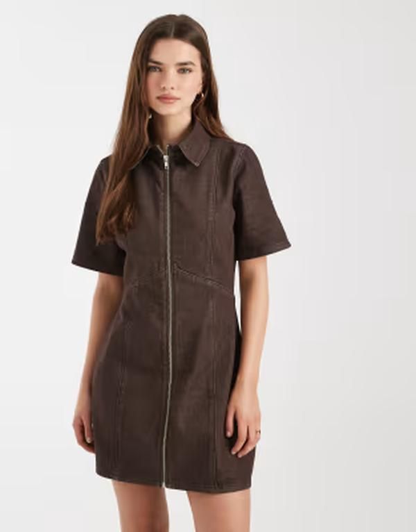エイソス レディース トップス ワンピース ミニ デニム ASOS DESIGN denim zip up mini dress BROWN ブラウン