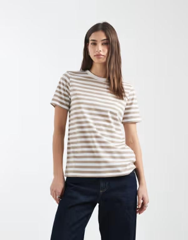 ピーシーズ レディース トップス Tシャツ Pieceshort sleeve boxy tshirt mink and white stripesilver Mink White ホワイト