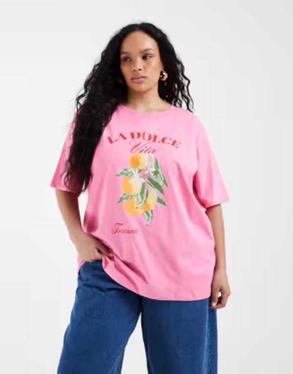 オンリーカーブ レディース トップス Tシャツ オーバーサイズフィット プリント ONLY Curve oversized fitshirt with oranges print pink ピンク