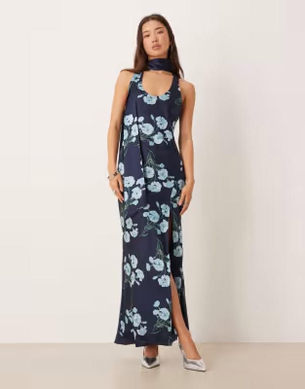 エイソス レディース トップス ワンピース フラワー柄 プリント サテン ノースリーブ マキシ フラワー ASOS DESIGN sleevelessatin maxi dress with scarf detail floral print Blue flo