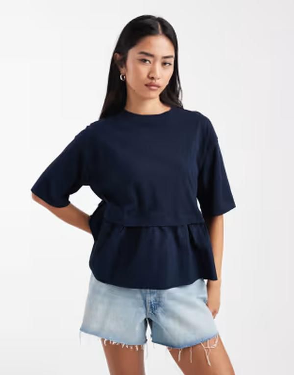 ミスセルフフリッジ レディース トップス Tシャツ Misselfridge poplin mix Tshirt NAVY ネイビー