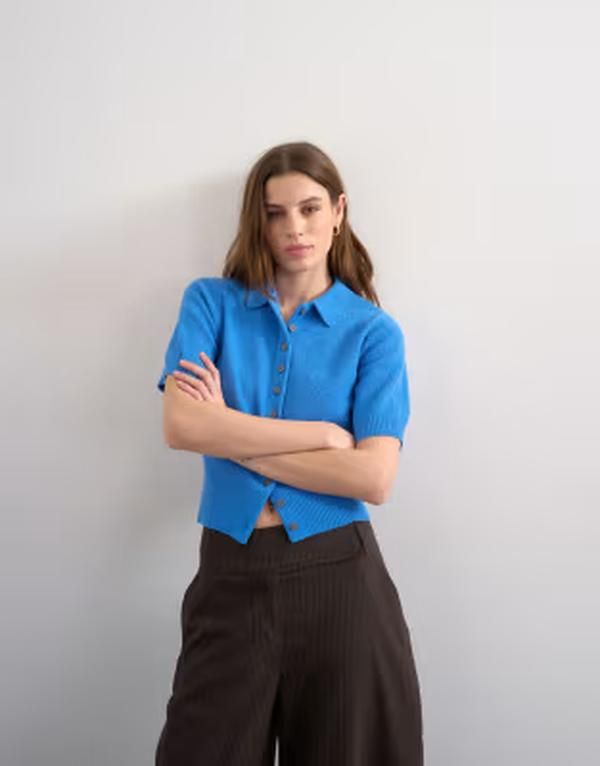 トップショップ レディース トップス ポロシャツ ニット Topshop fine knit cinch waist polo shirt blue ブルー