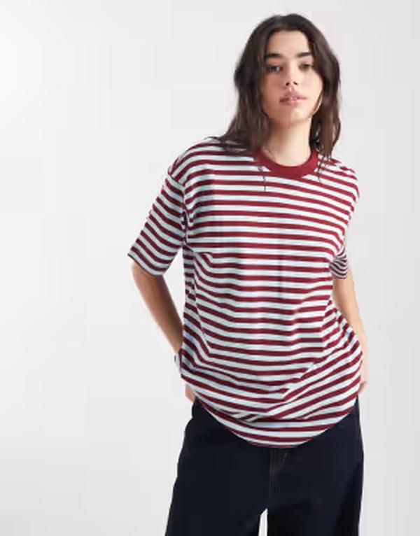 コットンオン レディース トップス Tシャツ Cotton boxy oversized Tshirt in stripe cherrywood STRIPE CHERRYWOOD ストライプ