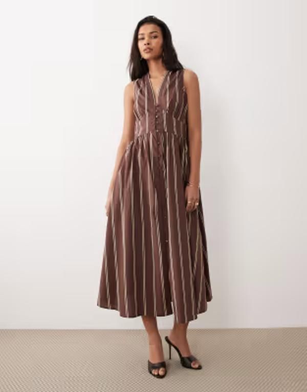 ノーバディーズ チャイルド レディース トップス ワンピース ノースリーブ Nobodys Child Starlight sleeveless midaxi dresstripe Brown ブラウン