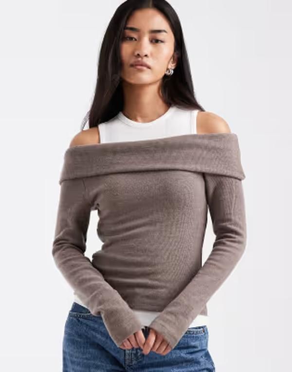 エイソス レディース トップス Tシャツ ASOS DESIGN supersoft double layer fallen shoulders top Brown cream クリーム