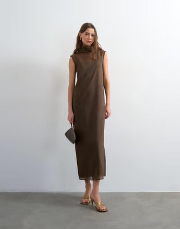 トップショップ レディース トップス ワンピースタンドネック シアー マキシ Topshop funnel neck organza sheer maxi dress in chocolate チョコレート