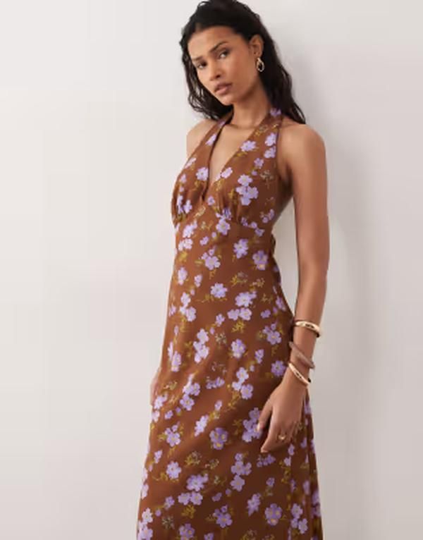 キスザスカイ レディース トップス ワンピース フラワー柄 マキシ フラワー ホルター Kiss The Sky low back halter neck maxi dress lilac floral BROWN ブラウン