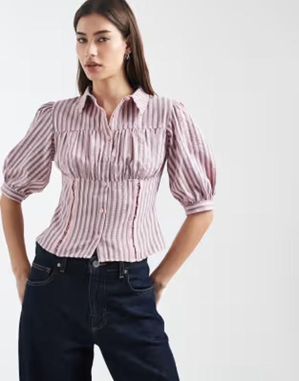 デイジーストリート レディース トップス シャツ Daisy Street fitted shirt with puff sleeves and corset detailing stripe Pink Stripe ピンク