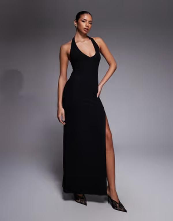 エイソス レディース トップス ワンピース マキシ ホルター ASOS DESIGN plunge halter neck maxi dress Black ブラック