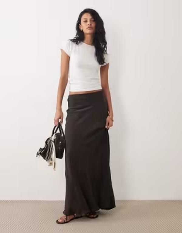 ジェイディーワイ レディース ボトムスカート A ライン サテン マキシ JDY aline satin maxi skirt in chocolate torte チョコレート