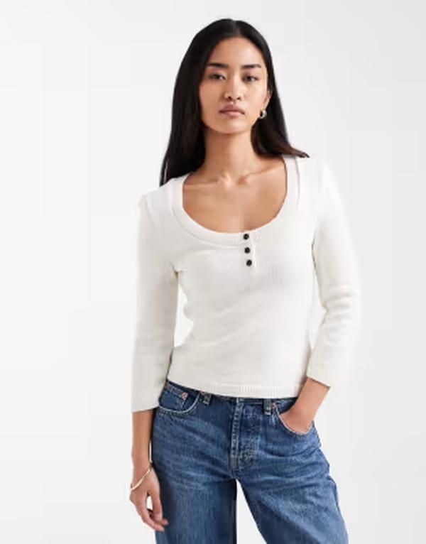 エイソス レディース トップス Tシャツ セーター ニット ASOS DESIGN knit scoop neck henley sweater in ecru white ホワイト