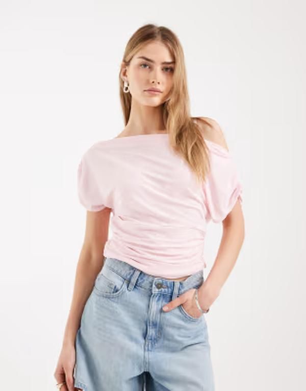 ミスセルフフリッジ レディース トップス シャツ ギャザー Misselfridge off the shoulder top with ruched sides PINK ピンク