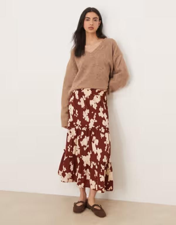 ウェンズデーガール レディース ボトムスカート ティアード ミディ Wednesdays Girl tiered floaty midi skirt BROWN ブラウン