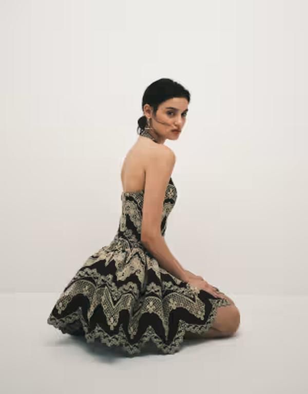 エイソス レディース トップス ワンピース ミニ 刺繍 レース ホルター ASOS DESIGN lacembroidered halter neck mini dress Brown ブラウン
