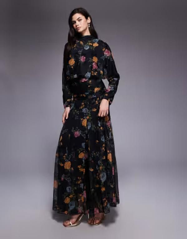 エイソス レディース トップス ワンピース シフォン フラワー柄 マキシ フラワー ASOS DESIGN chiffon shirred waist panel godet maxi dress floral Black Floral ブラック
