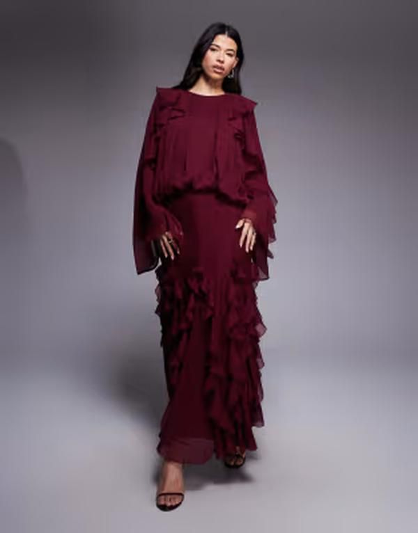 エイソス レディース トップス ワンピース フリル スカート マキシ ASOS DESIGN blouson maxi dress with waterfall ruffle skirt in mulberry