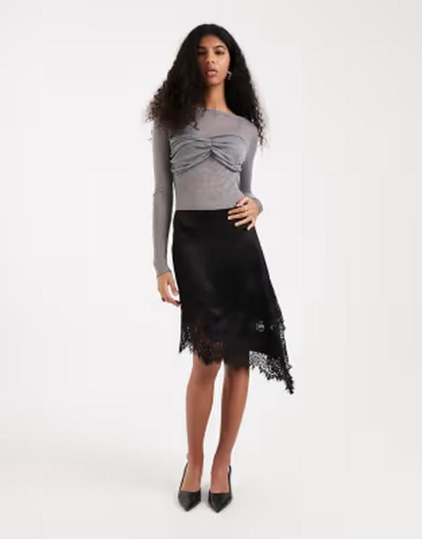 エイソス レディース ボトムスカート アシンメトリー レーストリム ミニ サテン レース ASOS DESIGN satin asymmetric lace trimini skirt Black ブラック