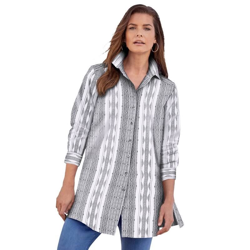 ロアマンズ レディース トップス Tシャツ プラスサイズ コットン 長袖 Roamans Womens Plusize Kate LongSleeve Crisp CottonBlend ButtonFrontunic White Black Stripe ホ
