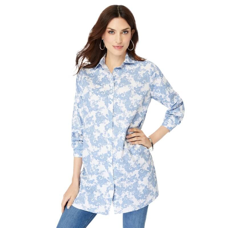 ロアマンズ レディース トップス Tシャツ プラスサイズ コットン 長袖 Roamans Womens Plusize Kate LongSleeve Crisp CottonBlend ButtonFrontunic Pale Blue Paisley ブル