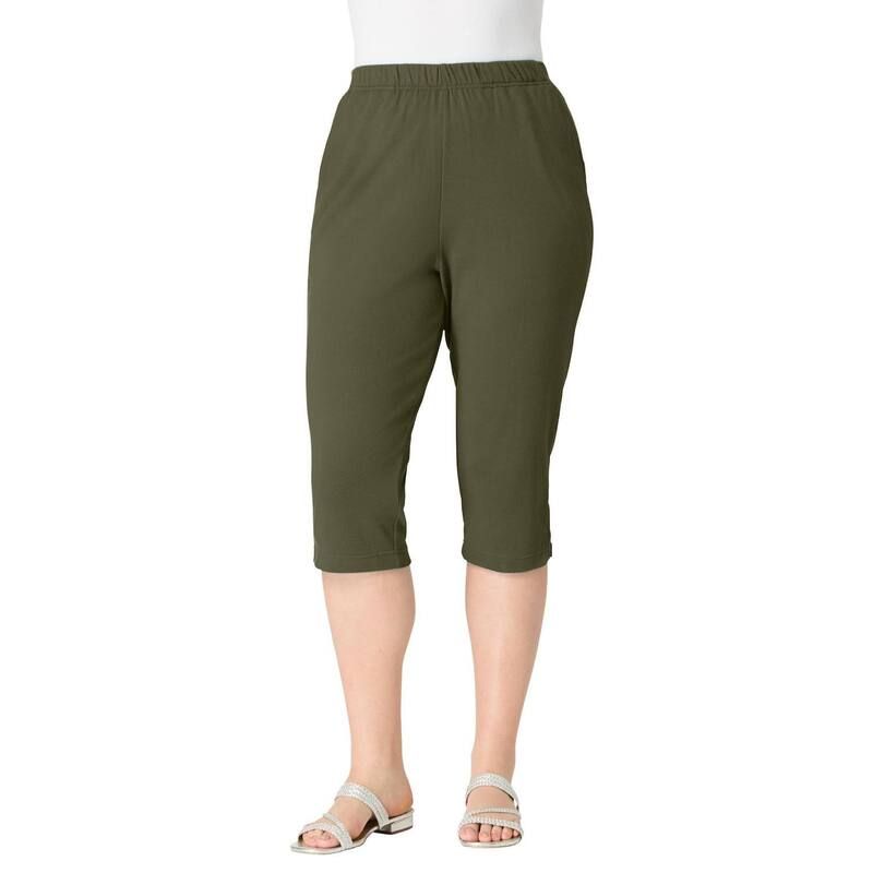 ロアマンズ レディース ボトムス カジュアルパンツ プラスサイズ キャップ ニット Roamans Womens Plusize Soft Knit PullOn Capri Pant Dark Olive Green グリーン