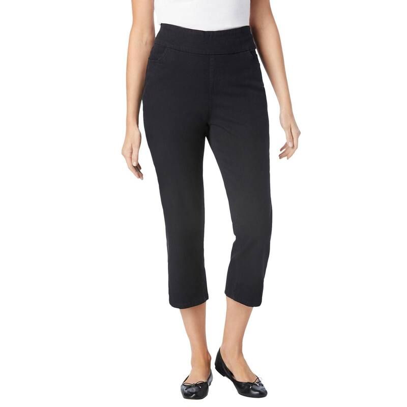 ウーマン ウィズイン レディース ボトムス カジュアルパンツ プラスサイズ デニム キャップ ジーンズ Woman Within Plusize PullOn ElasticWaistretch Denim Capri Jeans Black ブラック