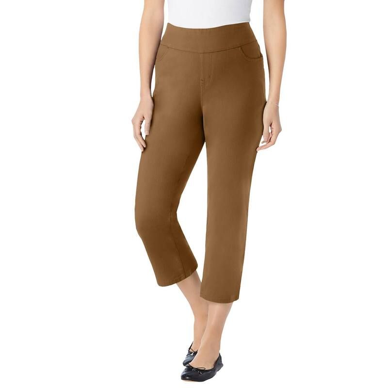 ウーマン ウィズイン レディース ボトムス カジュアルパンツ プラスサイズ デニム キャップ ジーンズ Woman Within Plusize PullOn ElasticWaistretch Denim Capri Jeans Toffee デニム