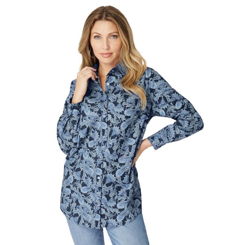 ロアマンズ レディース トップス シャツ プラスサイズ コットン Roamans Womens Plusize Kate Long Sleeveasy CottonBlend ButtonFront Shirt Navy Lavish Paisley ネイビー