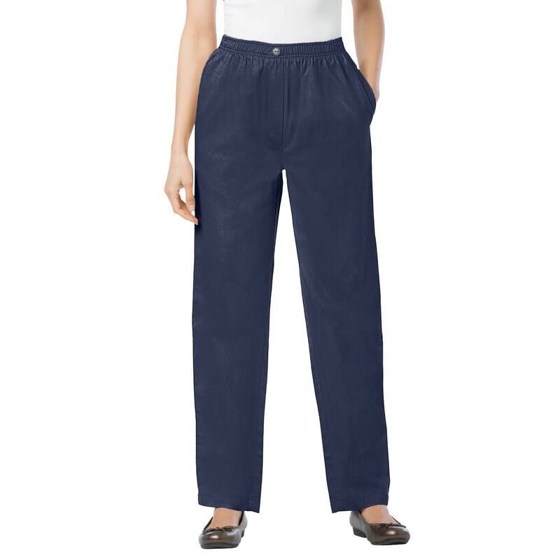 ウーマン ウィズイン レディース ボトムス デニムパンツ プラスサイズ コットン ジーンズ Woman Within Plusize StraightLeg AllCotton Denim PullOn 7Day ElasticWaist Jeans Navy