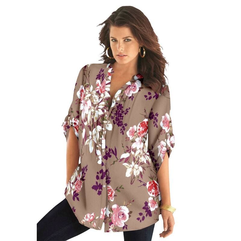 ロアマンズ レディース トップス Tシャツ フラワー柄 プラスサイズ フラワー Roamans Womens Plusize Floral YNeck Pintuck Tunic Adjustable Long Sleeve ButtonFront Brown