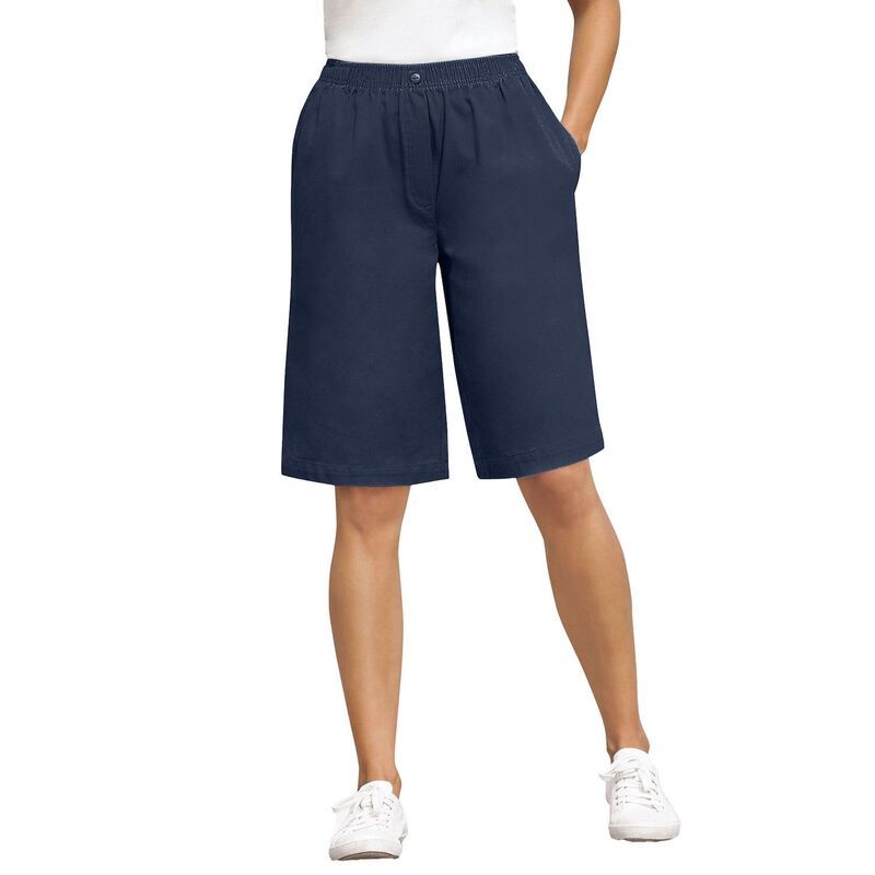 ウーマン ウィズイン レディース ボトムス ハーフパンツ・ショーツ プラスサイズ ショートパンツ コットン デニム Woman Within Plusize 7Day ElasticWaist PullOn Cotton Denim Shorts Navy ネ