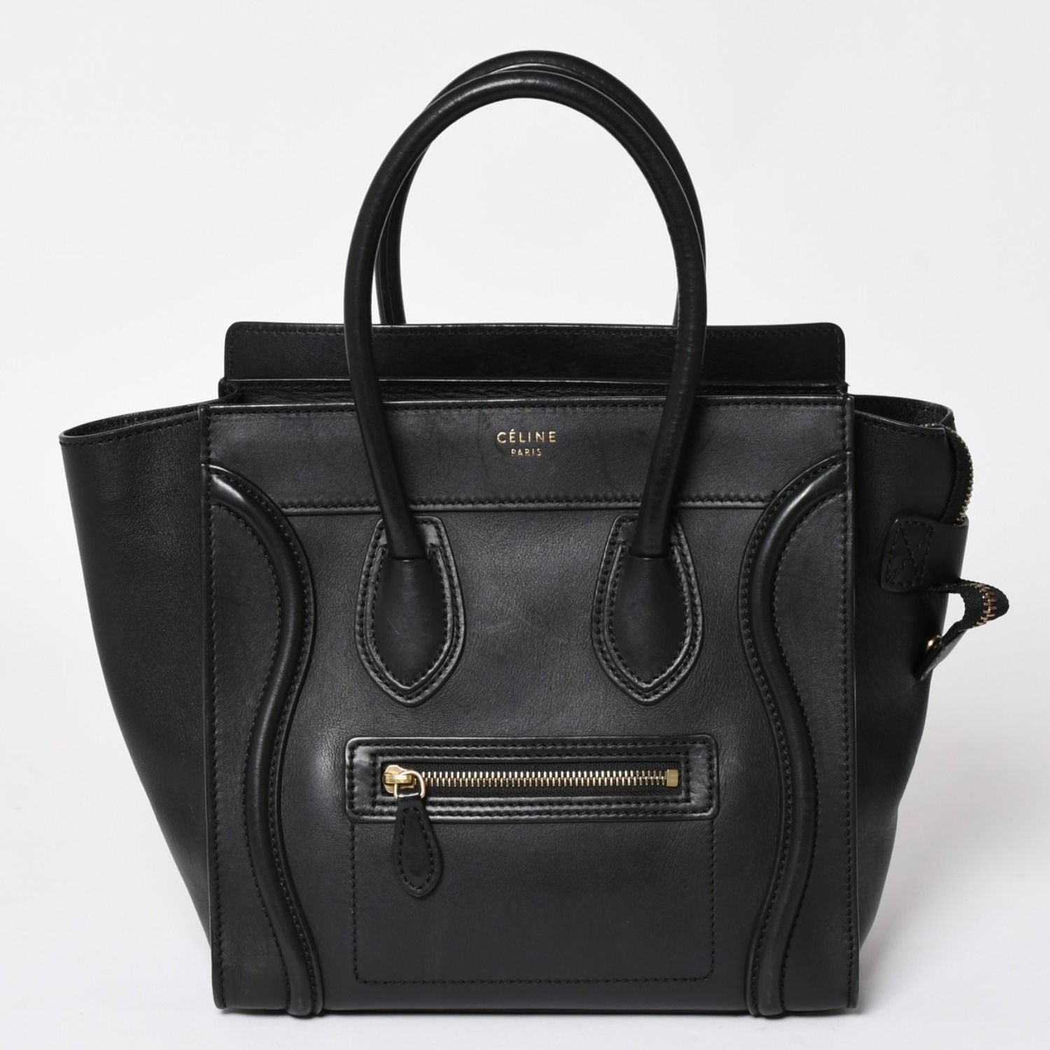 極美品 CELINE セリーヌ ラゲージマイクロショッパー ショルダーバッグ ハンドバッグ フィービー期 ブラック カーフスキン スエード ゴールド金具 廃盤 中古 4a002938