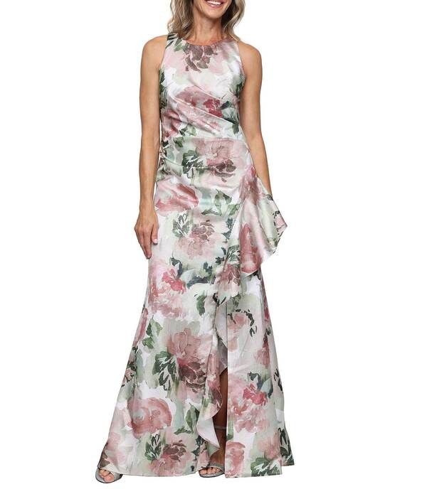 アレックスイブニングス レディース トップス ワンピース フラワー柄 プリント フリル トール ノースリーブ フラワー ホルター Alex Evenings Metallic Shimmer Floral Print Halter Neck Sleeveles