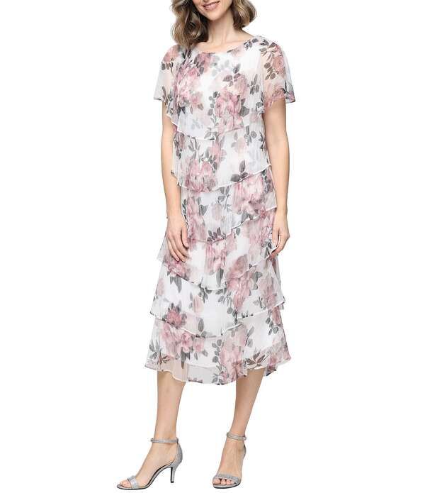 イグナイト レディース トップス ワンピース ティアード プチ プリント ミディ Ignitevenings Petite Size Printed Bodre Scoop Neck Short Flutter Sleeve Tiered Sheath Mid