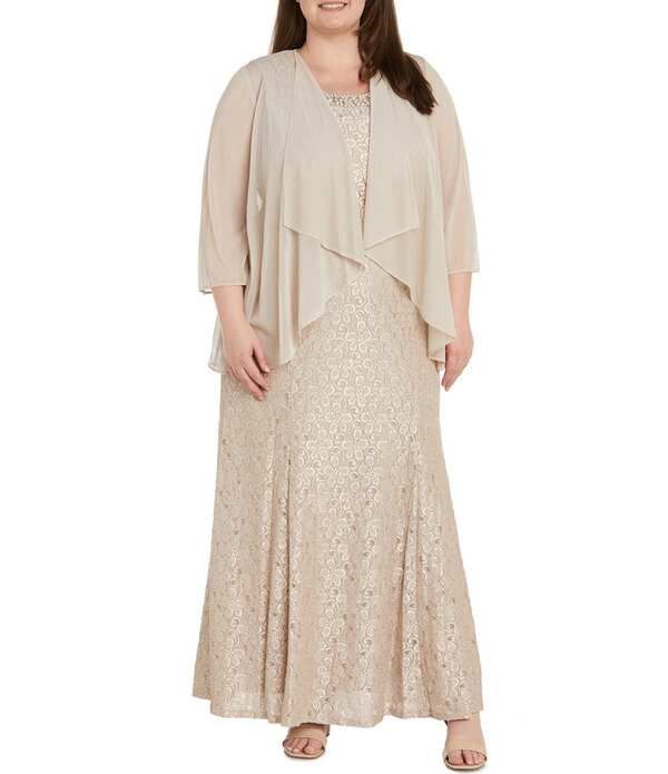 アールアンドエムリチャーズ レディース トップス ワンピース シフォン プラスサイズ レース ジャケット R M Richards Plusize Glitter Chiffon Lace Beaded Neck 2Piece Jacket Gown Cham