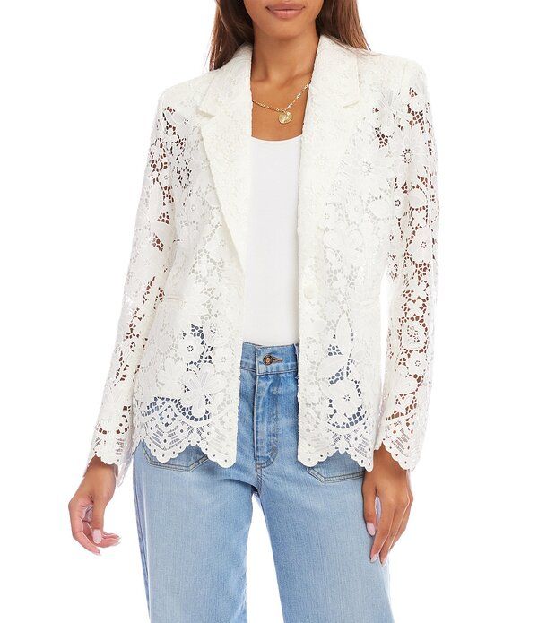 カレンケーン レディース アウター コート フラワー柄 ブレザー レース フラワー Karen Kane Floralace Notch Collar Long Sleeve Scalloped Hem Blazer Off White オフホワイト