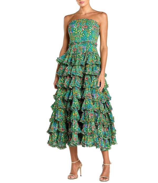 マックダガル レディース トップス ワンピース ティアード フラワー柄 フリル ミディ ストラップレス フラワー Mac Duggal Floral Strapless Tiered Ruffle Midi Dress Green Multi グリーン