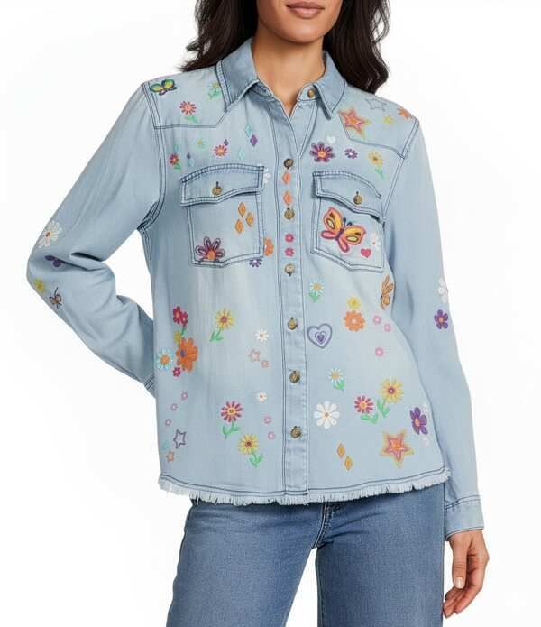 ジョン マーク レディース トップス シャツ フラワー柄 プリント 刺繍 ブラウス フラワー John Mark Woven All Over Embroidered Floral Butterfly Star Print Point Collar Long
