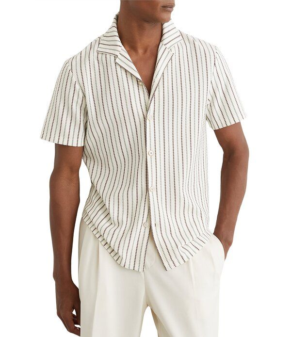 レイス メンズ トップス シャツ Reiss Textured Stripe Short Sleeve Woven Camp Shirt GreenBrown Multi グリーン