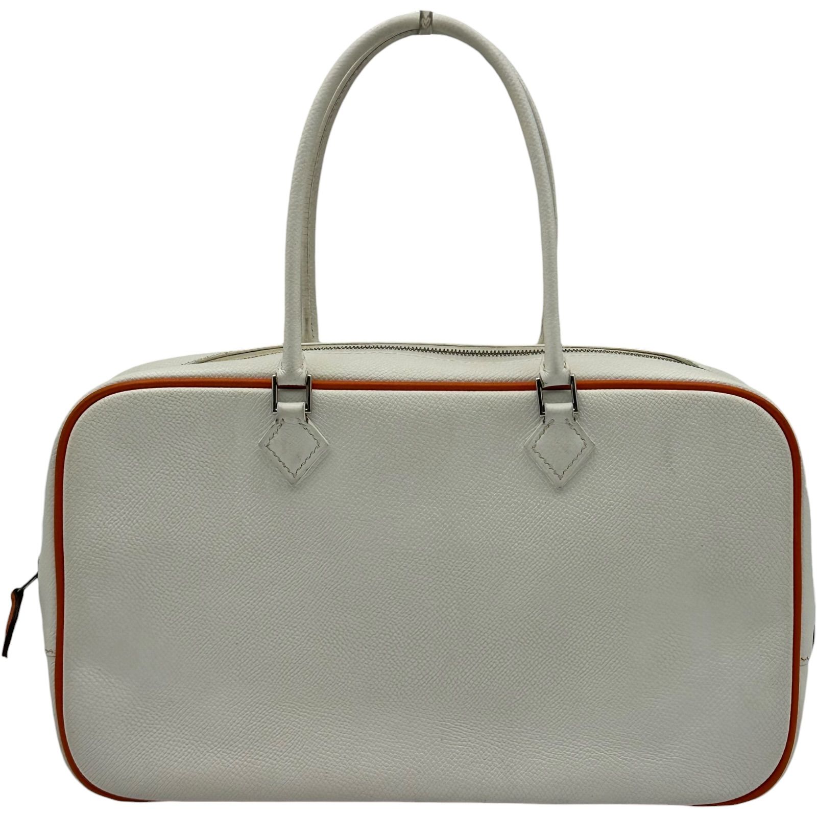 エルメス HERMES プリュム28 □I刻印 ホワイト/オレンジ シルバー金具 エプソン レディース ハンドバッグ