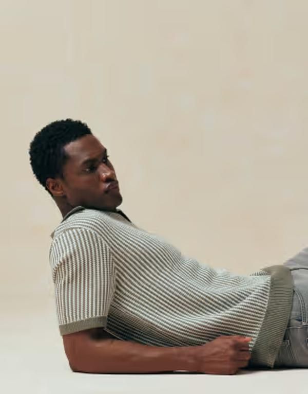 エイソス メンズ トップス ポロシャツ ニット ASOS DESIGN relaxed knit striped polo shirt and ecru GreenEcru エクリュ