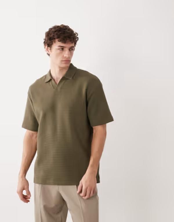 エイソス メンズ トップス ポロシャツ ASOS DESIGN relaxed revere polo waffle Olive night オリーブ
