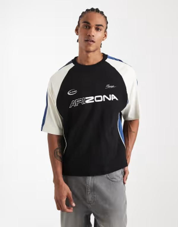 エイソス メンズ トップス Tシャツ グラフィック ASOS DESIGN boxy oversized Tshirt with cut and sew paneling and sports graphics Multi マルチカラー