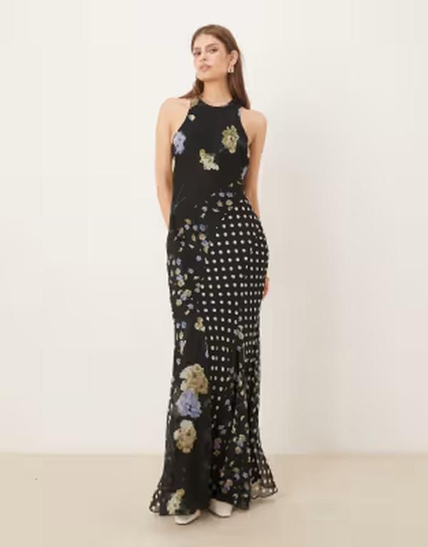 エイソス レディース トップス ワンピース フラワー柄 プリント マキシ フラワー ASOS DESIGN racer neck bias maxi dress with godet hem in mixed floral spot print Floral