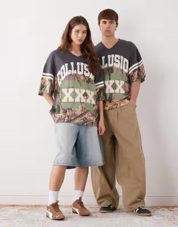 コルージョン レディース トップス Tシャツ ジャージー COLLUSION Unisex camo sports oversized jersey Khaki カーキ