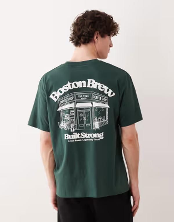 ジャック アンド ジョーンズ メンズ トップス Tシャツ プリント Jack Jones Boston coffee shop backprintshirt in dark Sycamore グリーン