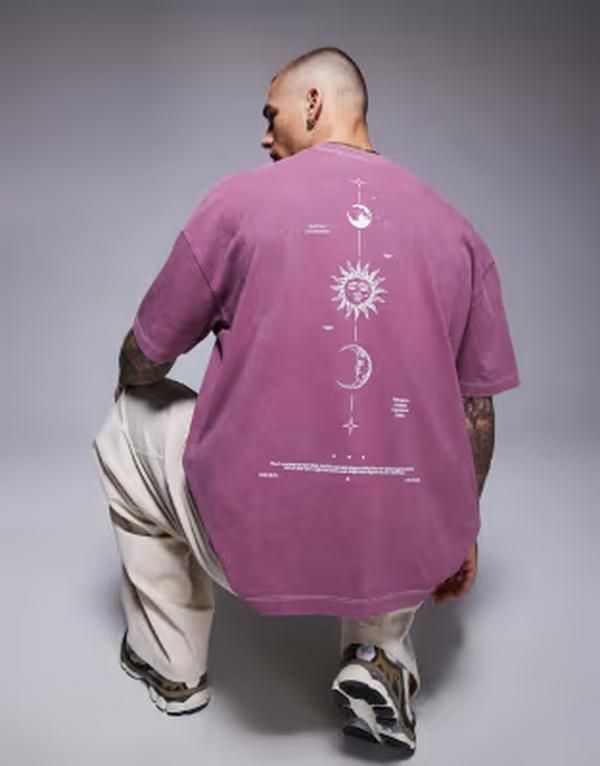 エイソス メンズ トップス Tシャツ プリント ASOS DESIGN oversized Tshirt in heavyweight 220gsm washed pink with celestial spine print Zephyr ピンク